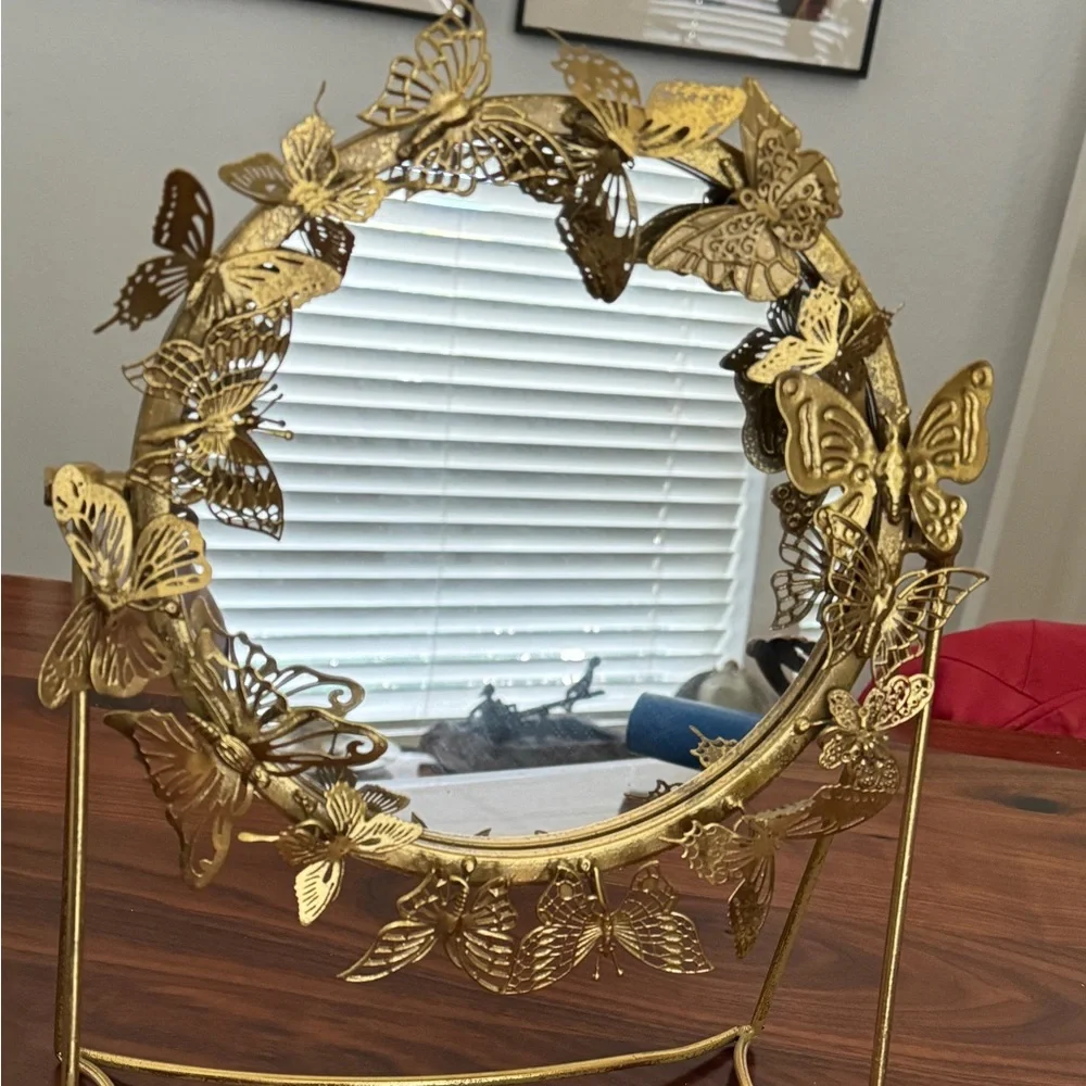 Vintage Gold Metal Round 3D Butterfly Standing Mirror